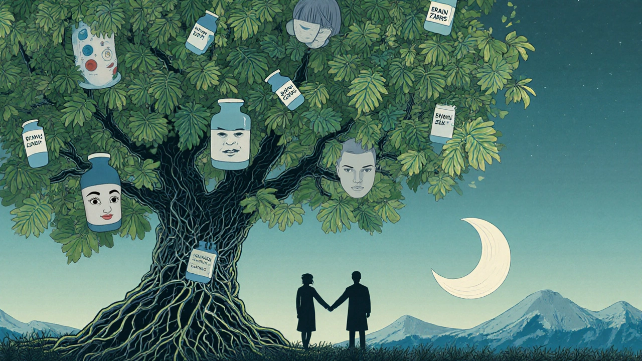 A mystical tree with prescription bottle roots and symptom-leaves, under which a doctor and patient hold hands.