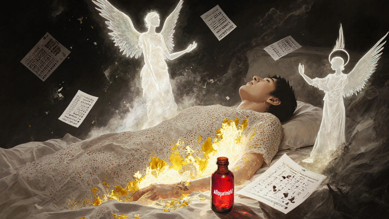 A patient&#039;s peeling skin reveals golden tissue as ghostly medical entities rise around them.