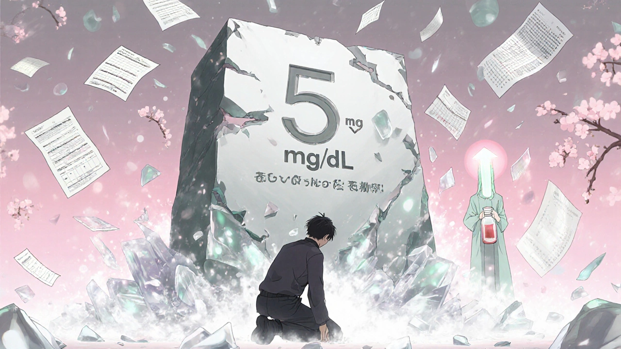 A patient watching crystal shards crumble before a monument marked &#039;5 mg/dL&#039; as blood test vials glow nearby.
