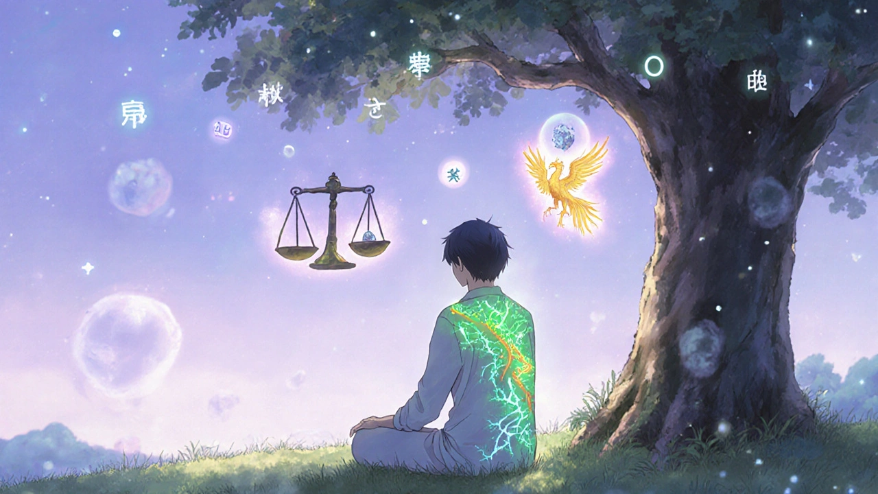 A patient with three medicinal pathways glowing inside their body, symbolizing gout treatment in ethereal anime art.