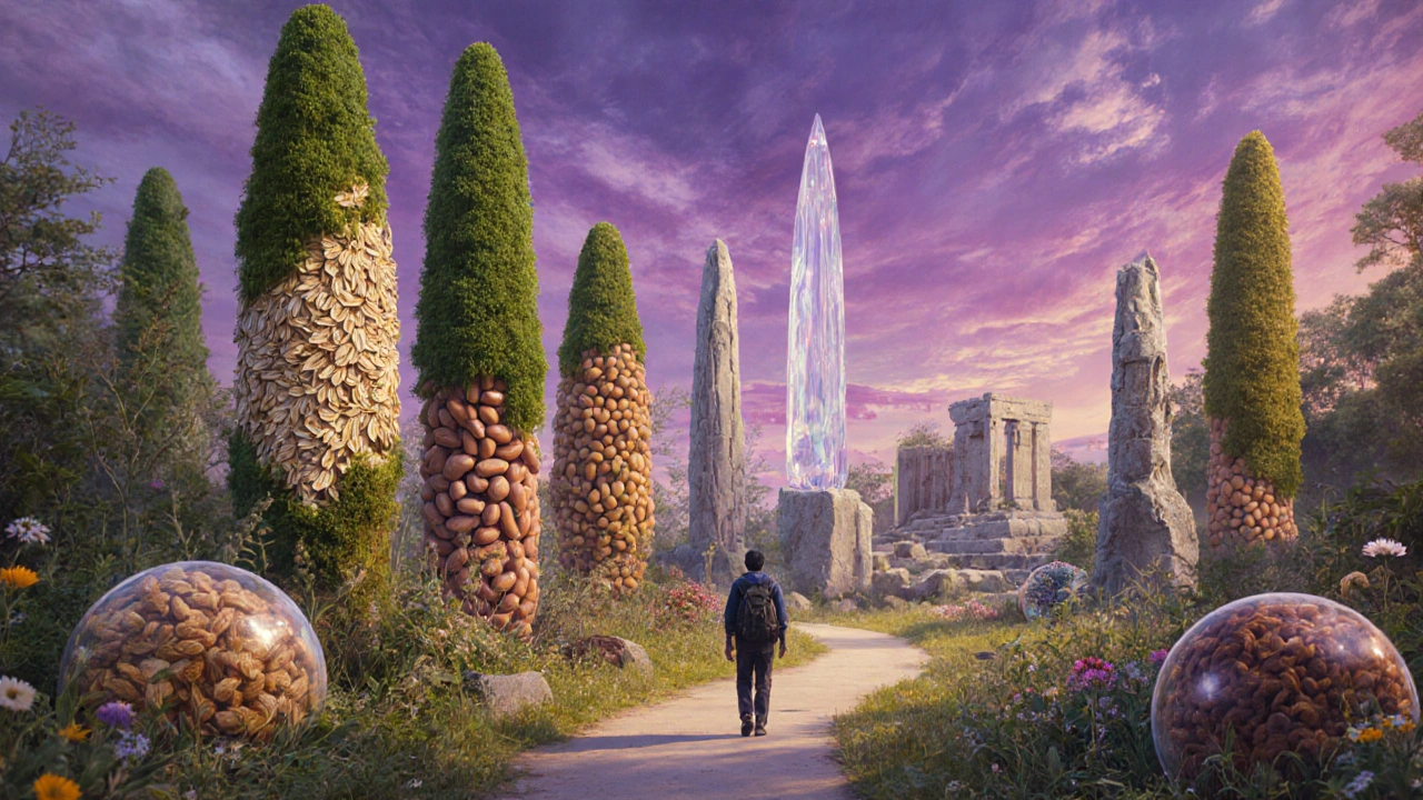 A traveler walking past towering whole-food sculptures as processed snacks crumble behind them.