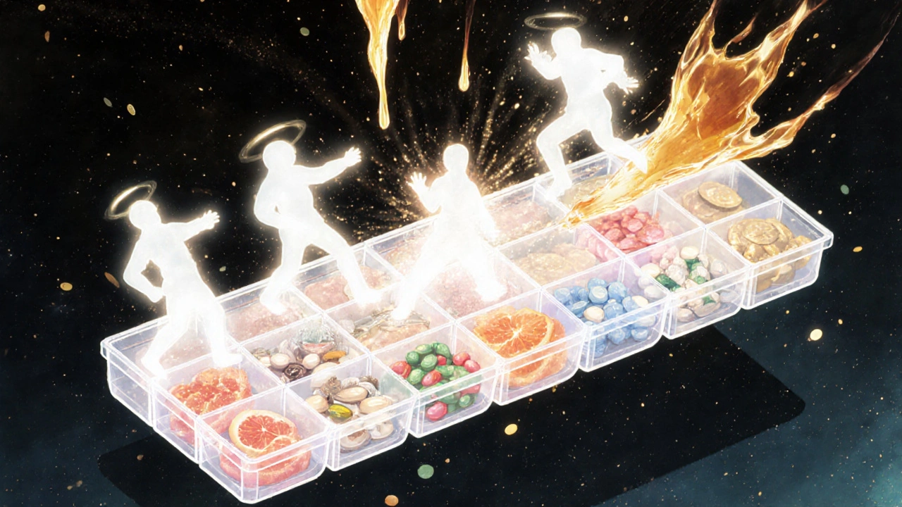 A weekly pill organizer with glowing pills above it, surrounded by dangerous drug interactions in ethereal form.