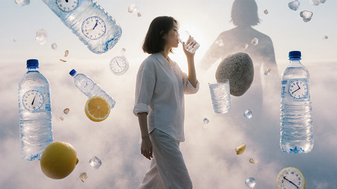 A woman walking through a dreamlike landscape of floating water bottles and dissolving salt crystals, drinking lemon water.