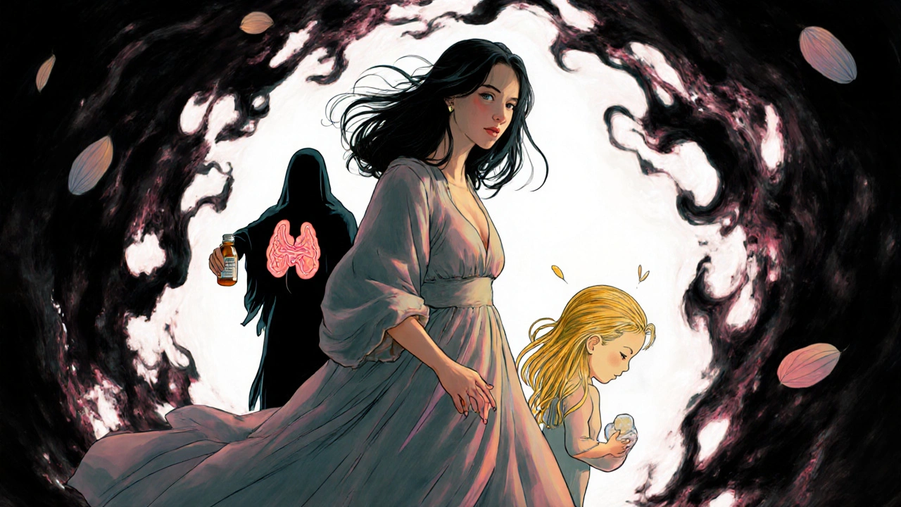 A woman walking through a portal with levothyroxine and glowing embryo, leaving behind a wilted thyroid.