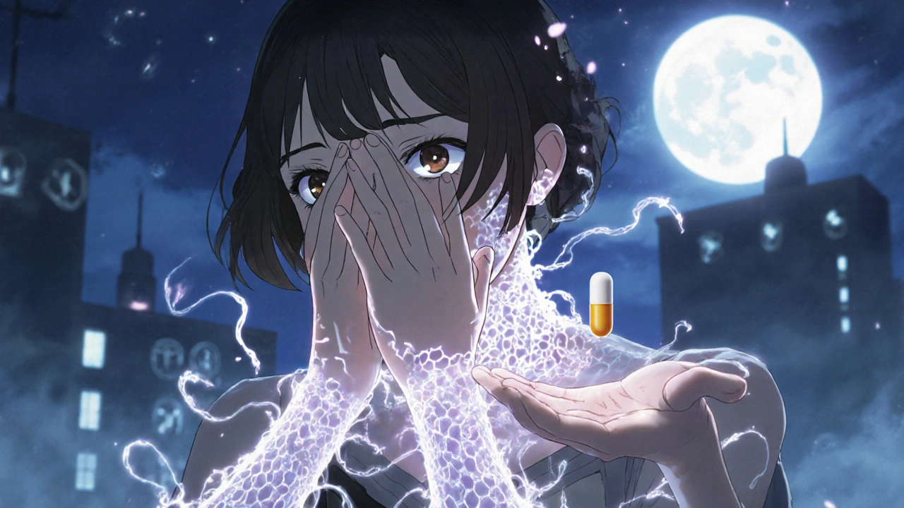 A woman with swirling hive-like rashes dissolving into glowing pollen under moonlight.