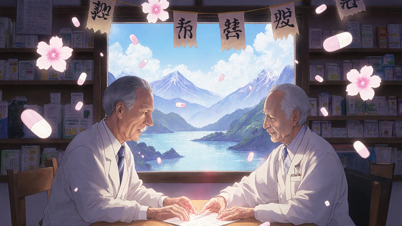 An elderly patient and pharmacist sharing a glowing medication list in a peaceful, magical pharmacy setting.