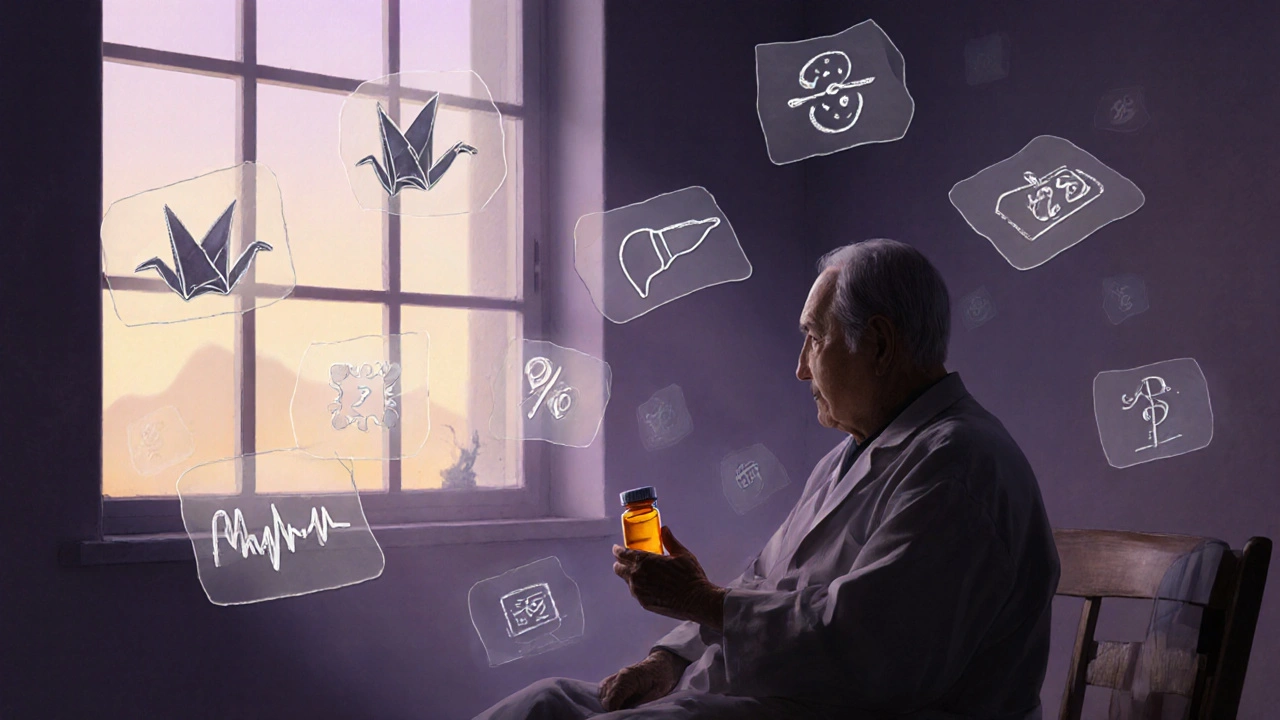 An elderly patient surrounded by ghostly safety alerts like paper cranes in twilight light.