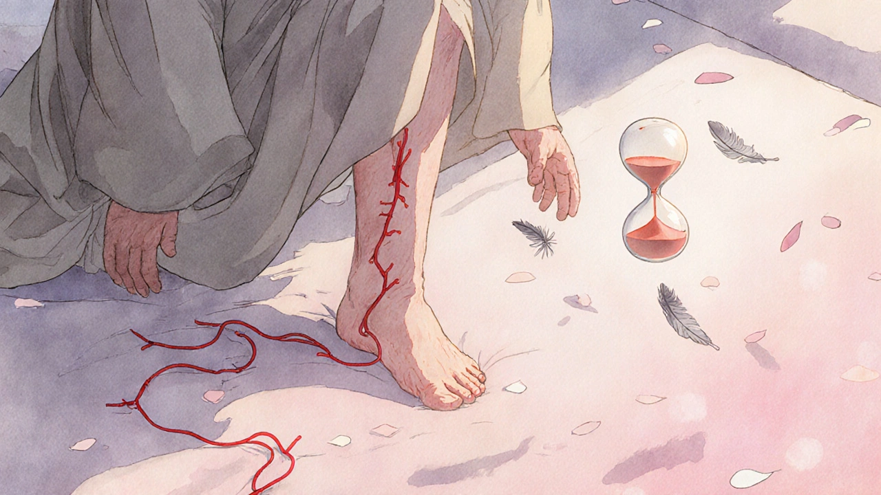 An elderly person rises at dawn as a blood vessel turns into feathers, symbolizing dizziness and gentle transition.