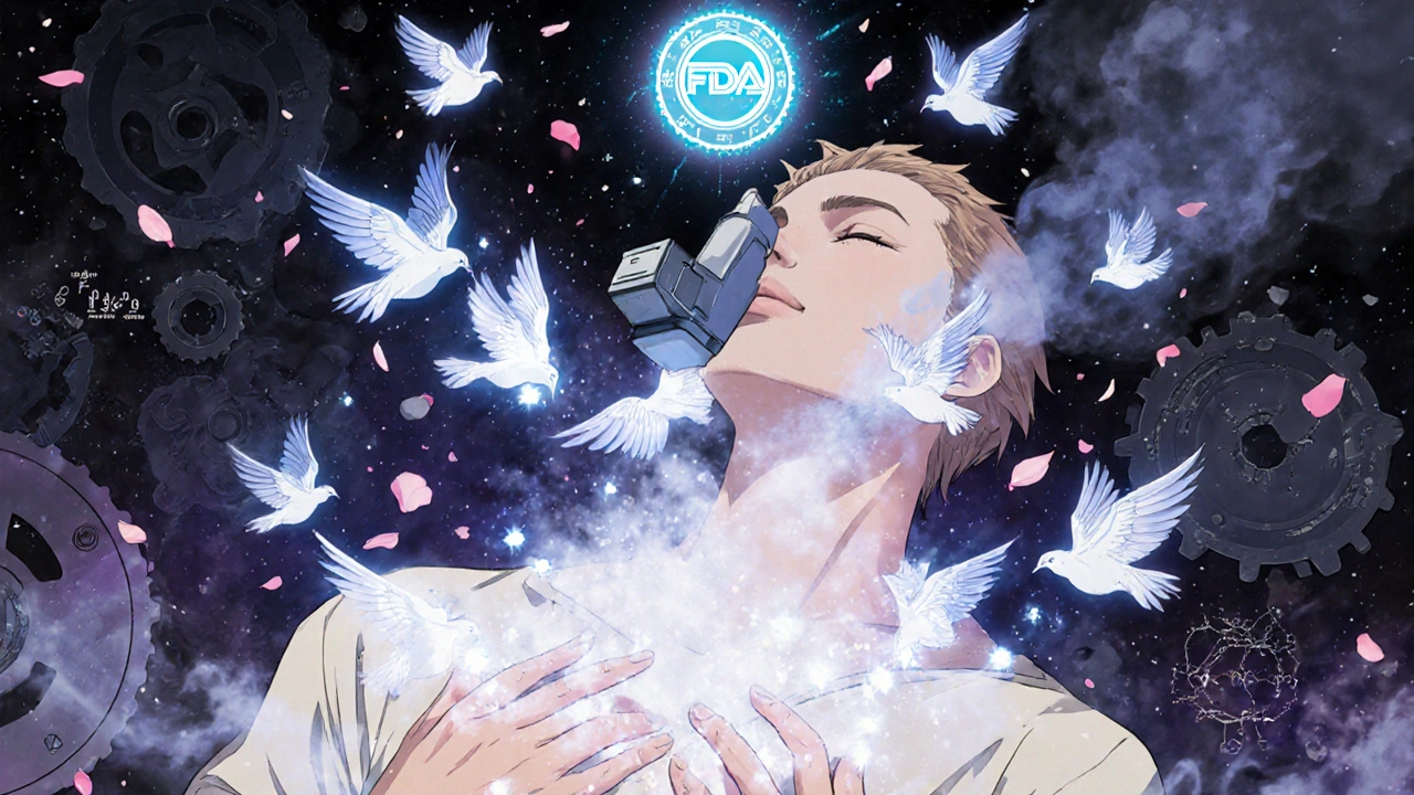 An inhaler releasing aerosol particles shaped as birds, syncing with breath, surrounded by dissolving gears and a sacred seal.