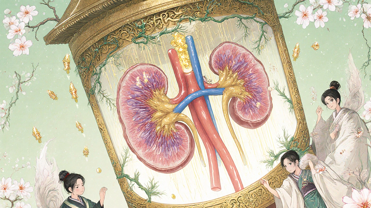 An ornate kidney lantern filtering blood, with most uric acid being reabsorbed, in delicate Yoshitaka Amano style.