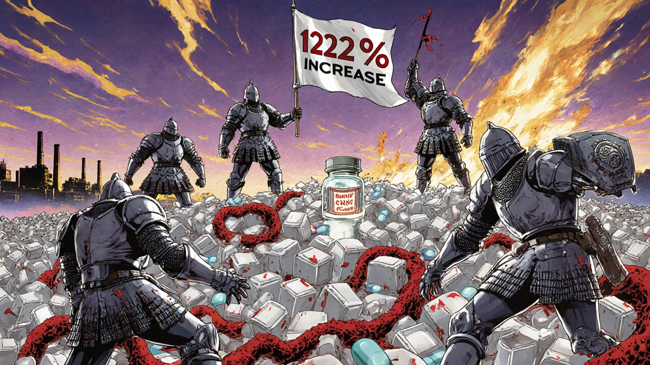 Battlefield of pill warriors fighting over a single vial, with fallen manufacturers and rising price banner under burning factories.