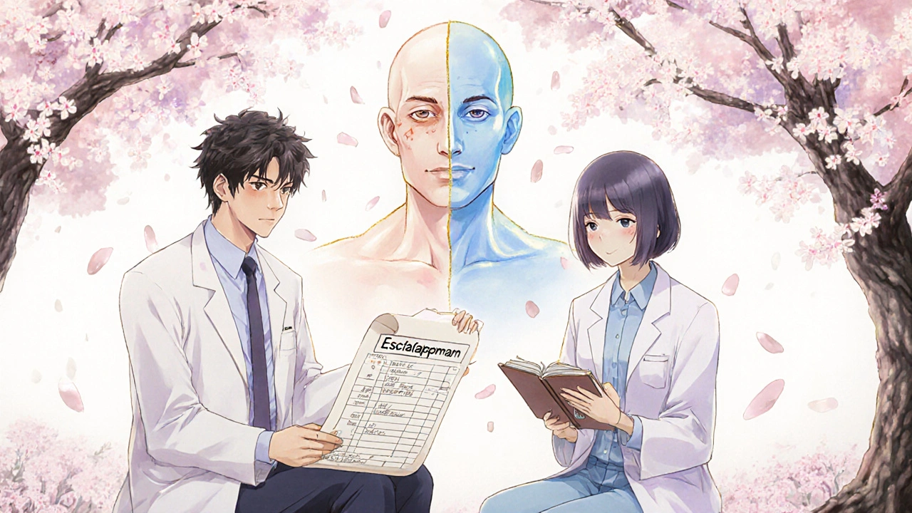Doctor and patient under cherry blossoms, one side of the body suffering, the other healed, holding a journal in Yoshitaka Amano style.