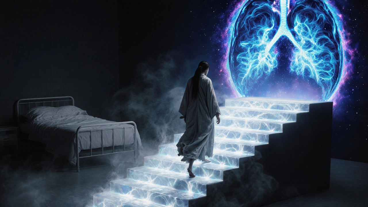 Figure walking on lung stairway with oxygen streams, xenon MRI mandala above