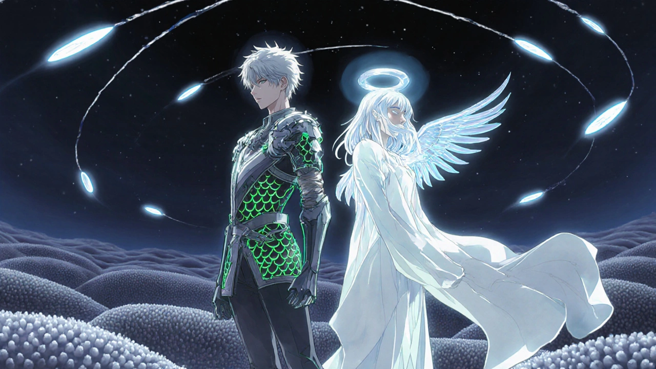 Lactobacillus warrior and yeast spirit standing strong against antibiotic missiles in a gut landscape.