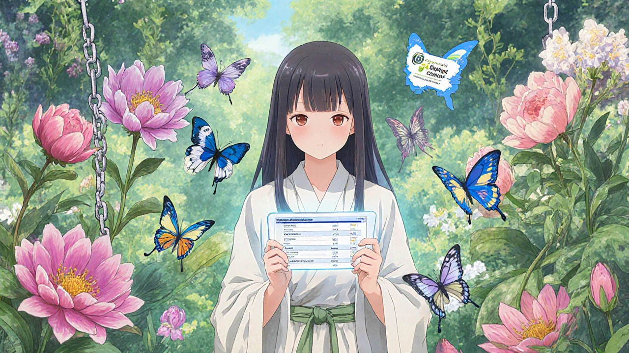 Medicinal garden with blooming and wilting drug flowers, woman checking price tablet as GoodRx butterflies flutter nearby.