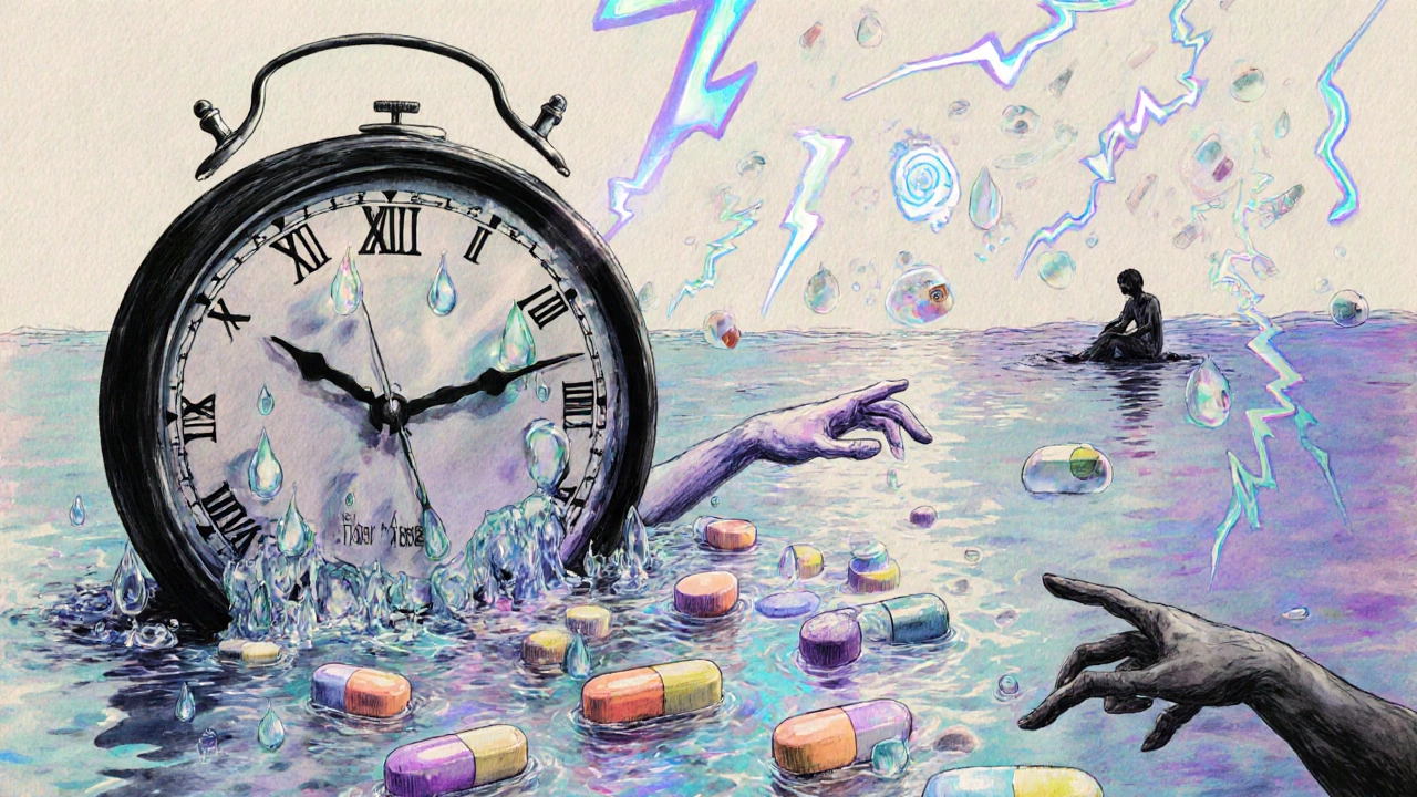 Melting pills flowing as a river, with brain zaps floating above a calm patient under a dreamlike sky.