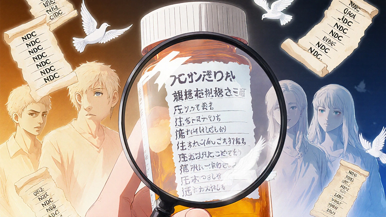 Pharmacist using magnifying glass over bottle, reflecting FDA list in calligraphy, with patient silhouettes made of light and paper.