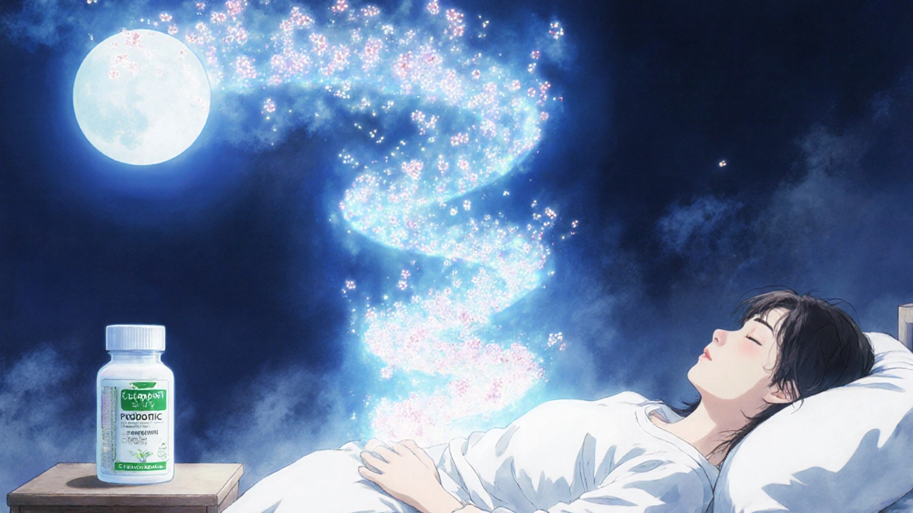 Probiotic microbes rising from a bottle into a glowing gut aura as healthy flora bloom at night.