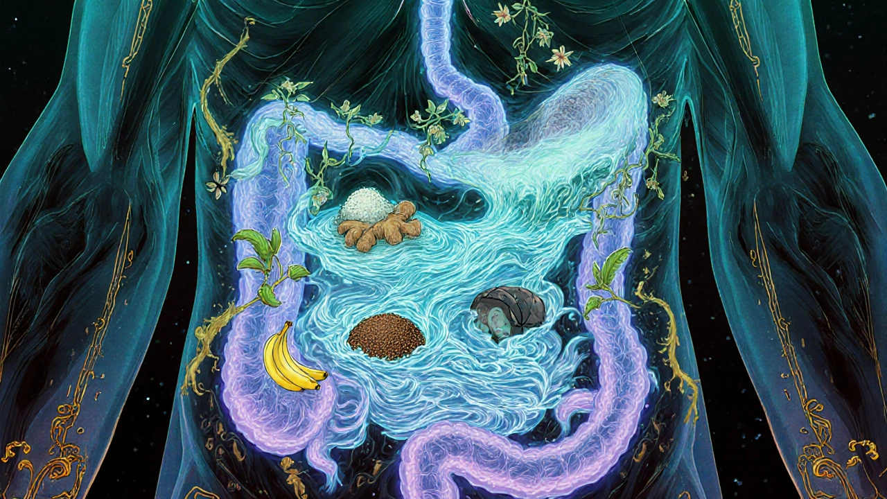 Surreal glowing digestive tract with serotonin waves, stabilized by bananas and rice, while harmful foods recede in anime art style.