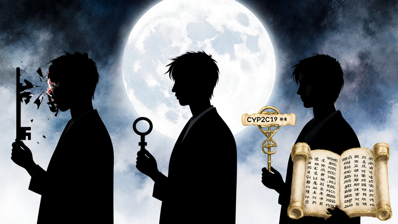 Three silhouettes holding different keys—one broken, one new, one with a genetic warning scroll under a fractured moon.