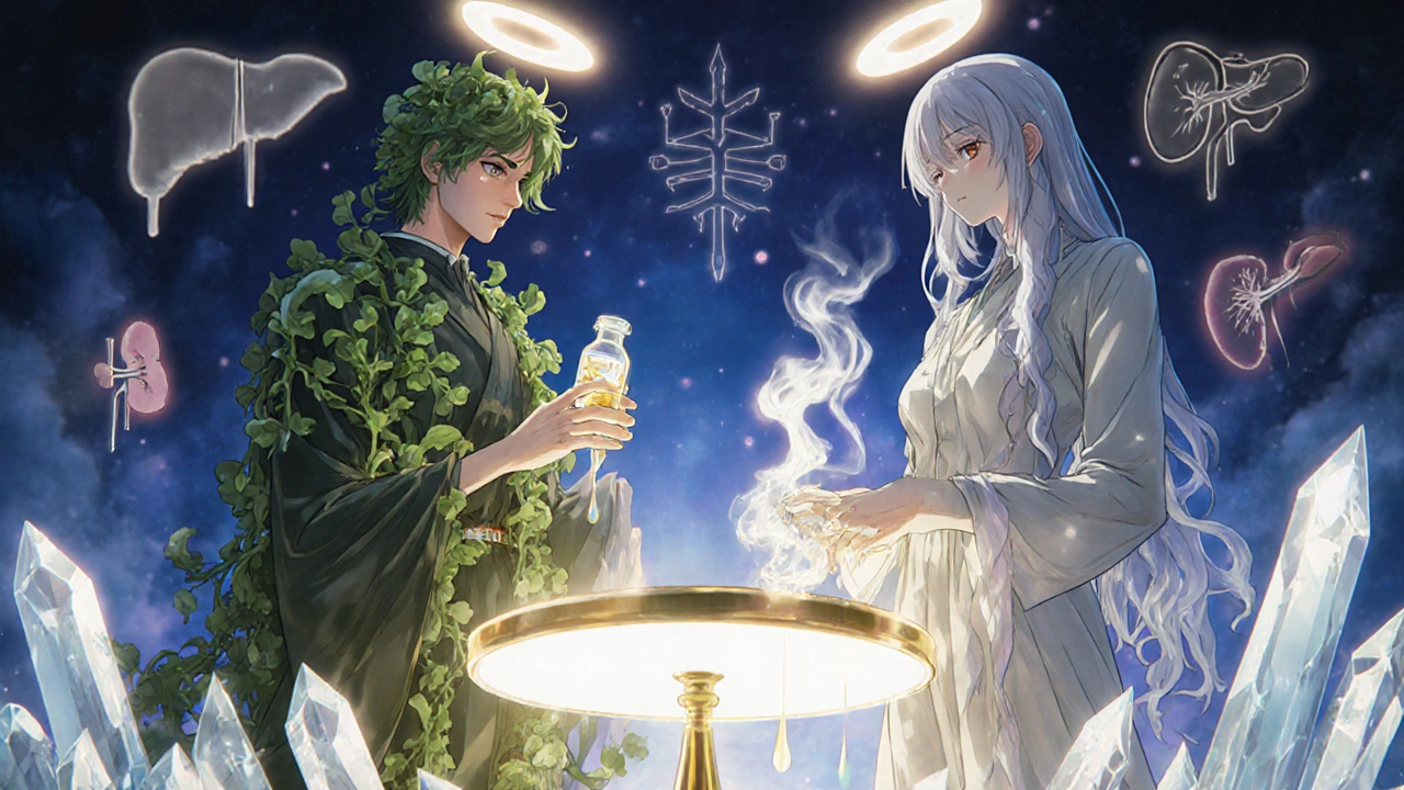 Two ethereal drug spirits dissolving crystals in a joint, surrounded by genetic and organ symbols.