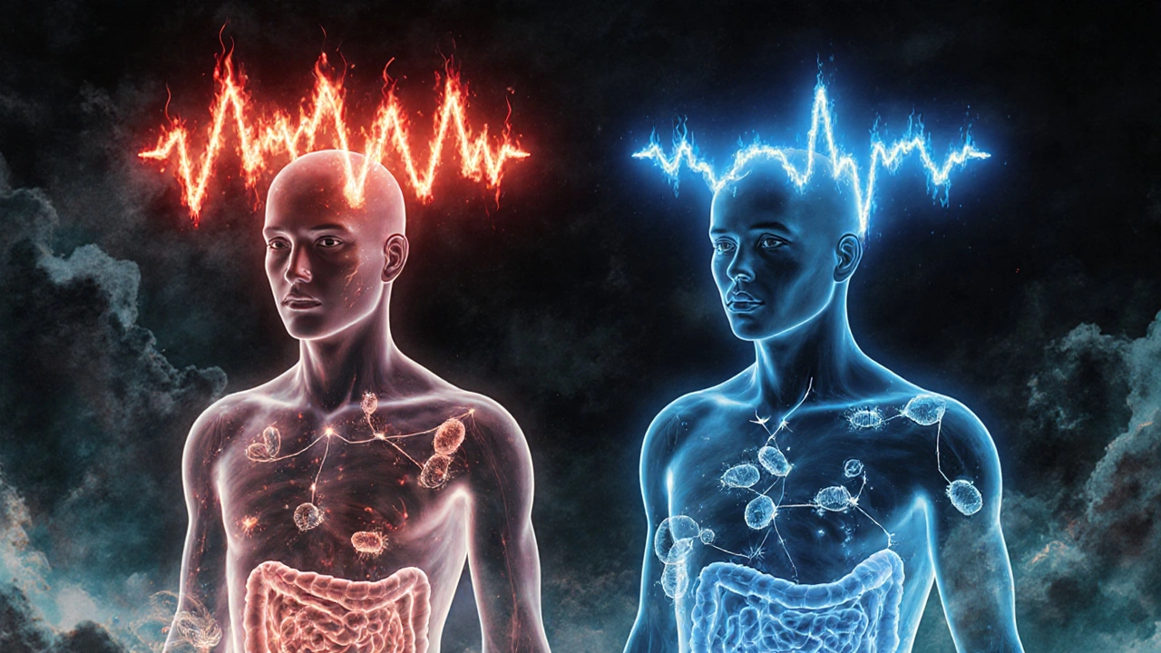 Two figures with glowing blood sugar waves, surrounded by swirling gut bacteria in an ethereal lab.