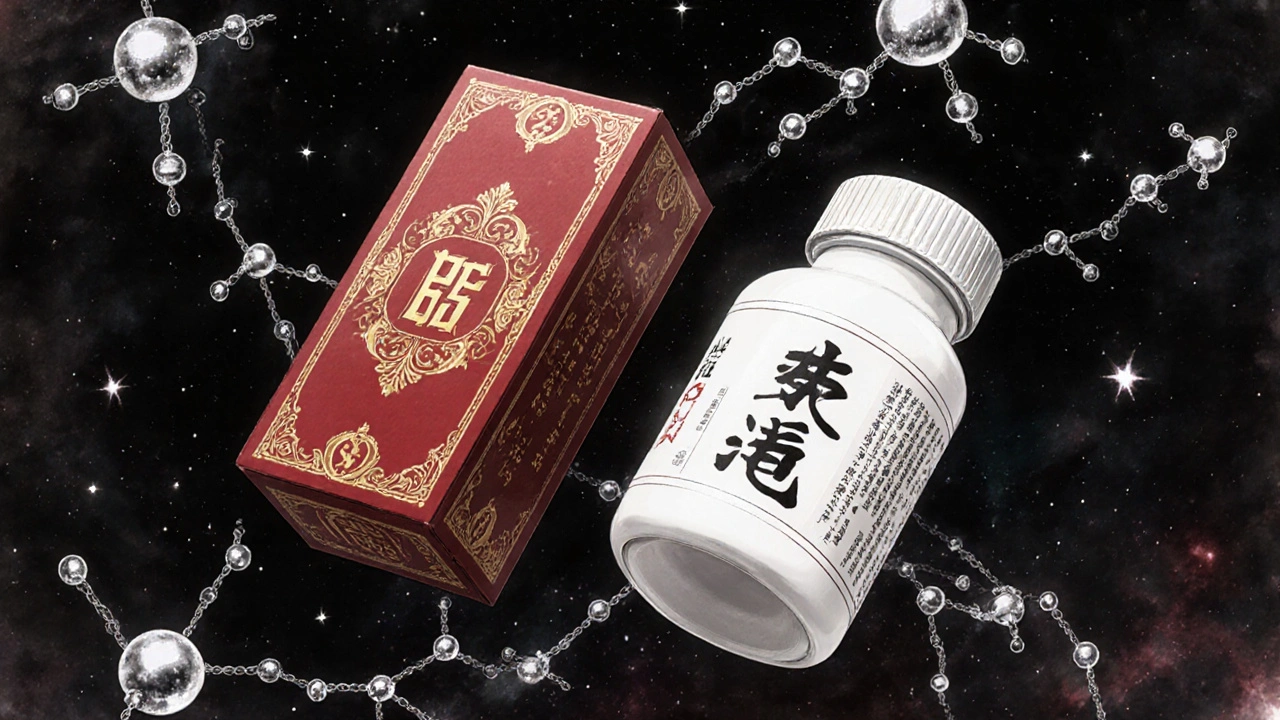 Two identical pills side by side, one in branded packaging, one in plain bottle, connected by molecular chains in a cosmic void.