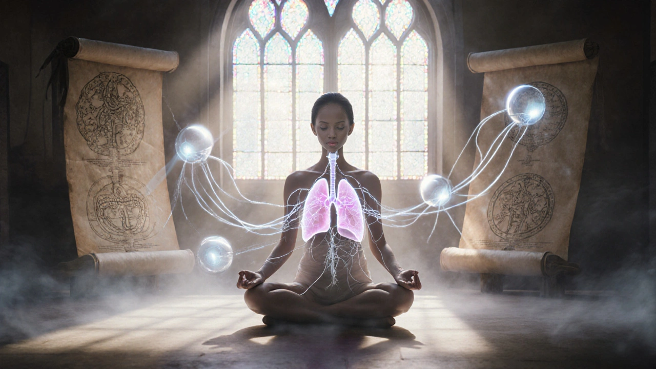 Woman breathing silver ribbons, floating diagrams of breathing techniques around her