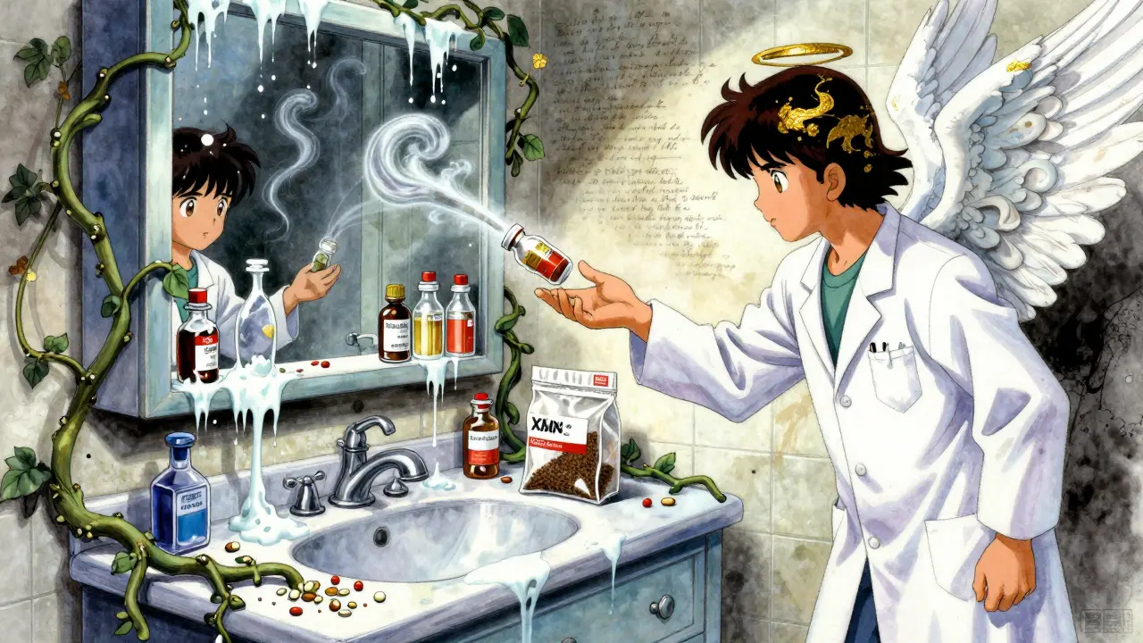 A bathroom cabinet turning into a dreamlike scene where a guardian angel prevents a child from reaching dangerous pills.