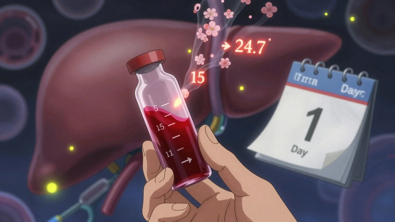 A blood vial with rising theophylline levels, dissolving into floral patterns against a liver cell background.