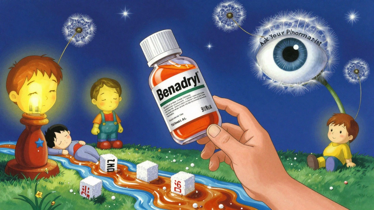 A child reaching for a candy-like pill bottle in a surreal nursery filled with warning labels and syrup rivers.