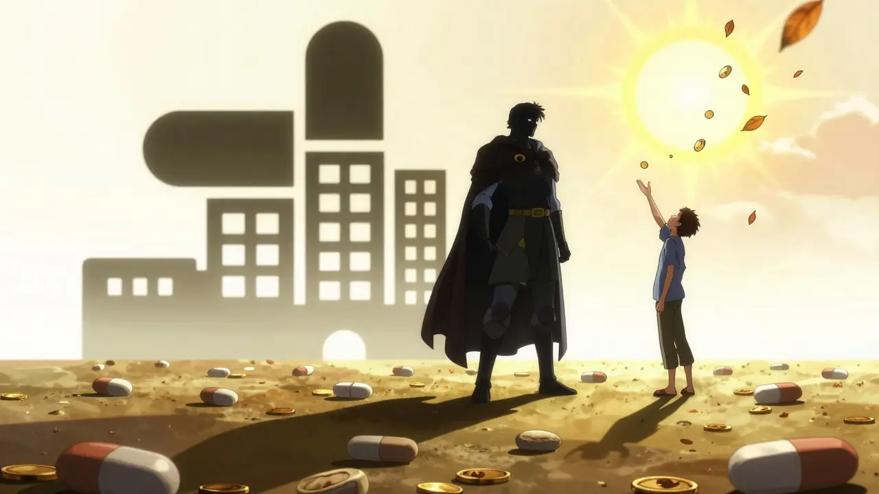 A corporate shadow looms over a pill-shaped battlefield, with a patient reaching for sunlight as coins fall like leaves.