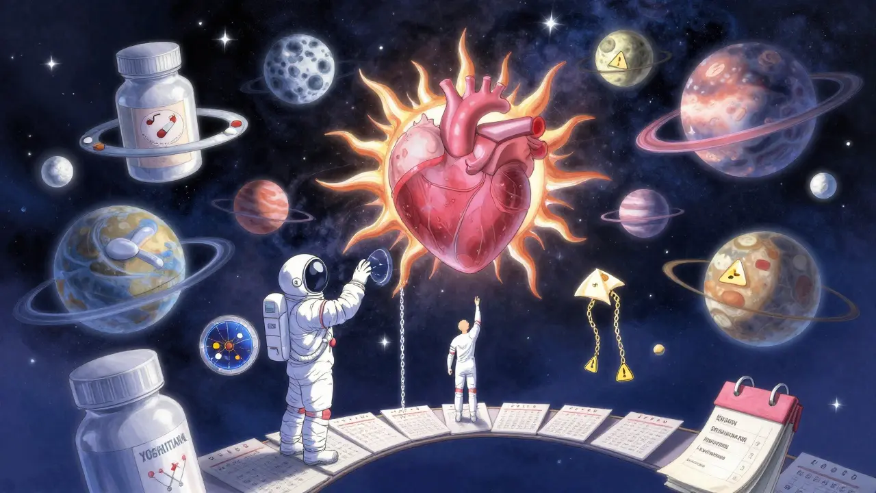 A cosmic scene of pill planets orbiting a heart-sun, with caregiver astronaut adjusting celestial dials.