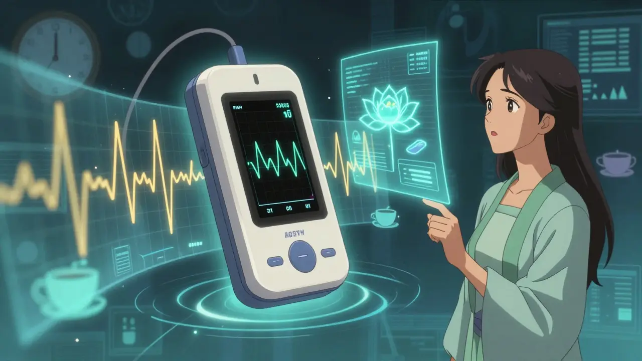 A floating actigraphy device with glowing data streams and a woman observing a holographic sleep graph shaped like lotus flowers.