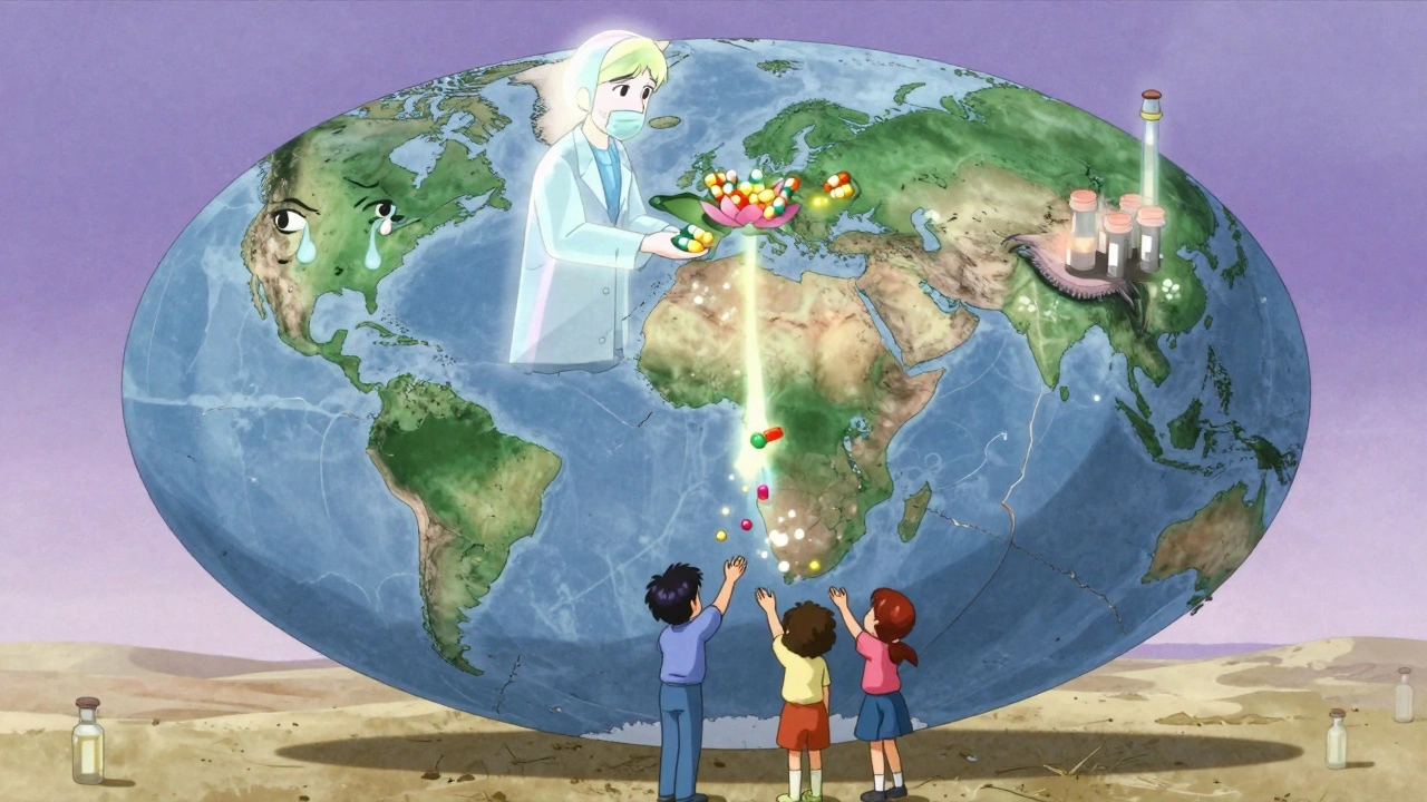 A fractured globe above empty pill vials, with light flowing to Asia and Europe, and children reaching for blooming medicine.