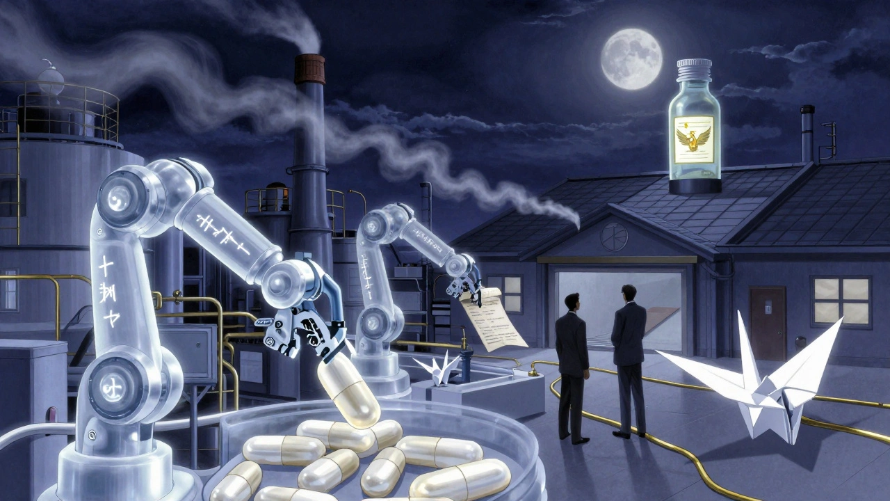 A moonlit factory with robotic arms assembling pills, surrounded by paper cranes and a glowing contract manufacturer emblem.