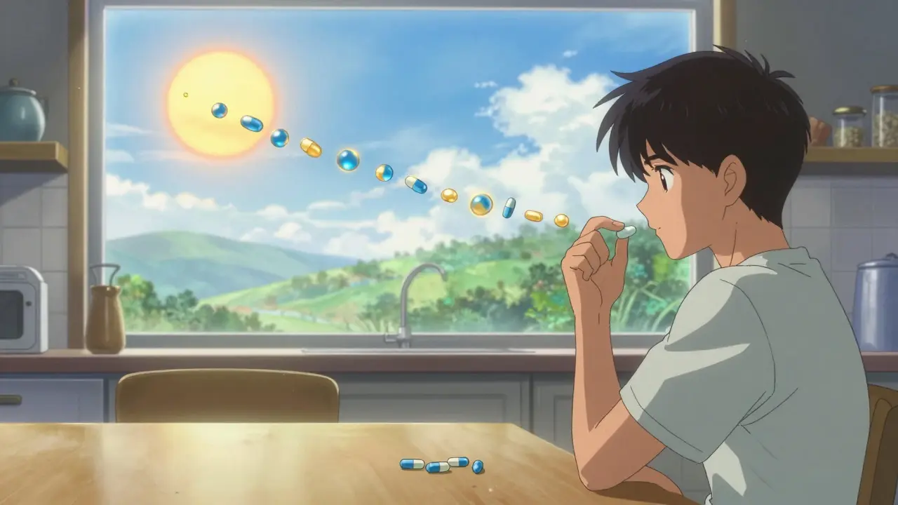 A person taking a pill at sunrise, with glowing statin particles drifting toward a rising sun.