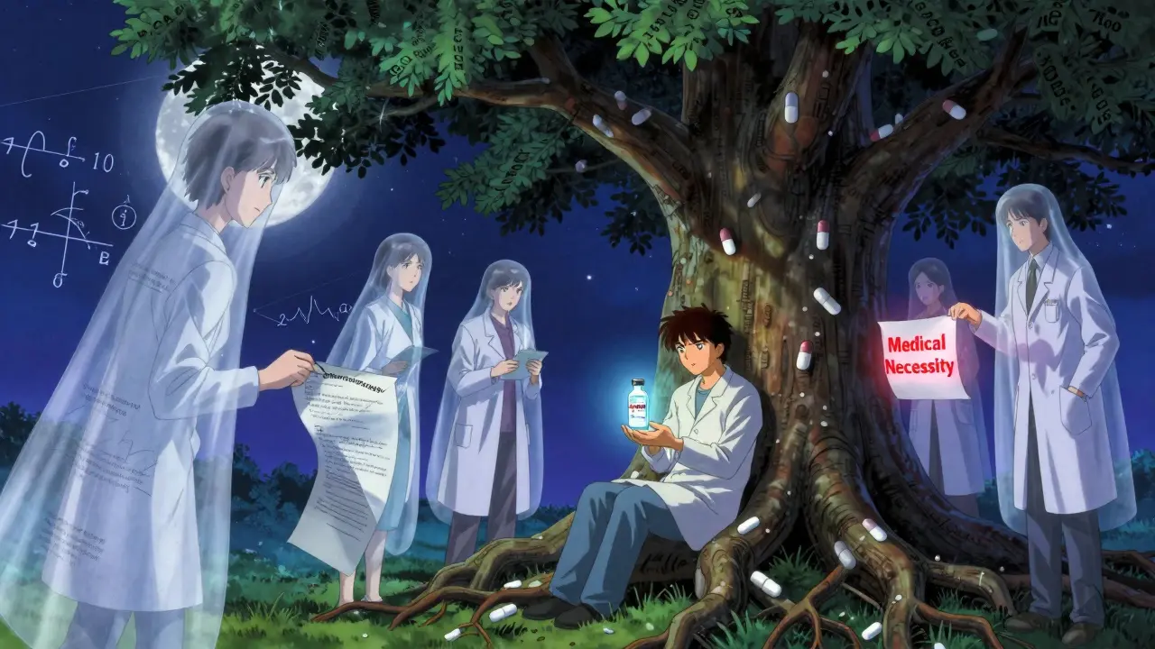 A person under a tree with roots shaped like prescriptions, holding a pulsing vial as translucent figures whisper around them.