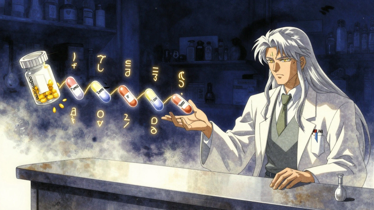 A pharmacist arranging pills into a timeline with glowing threads showing safe timing intervals.