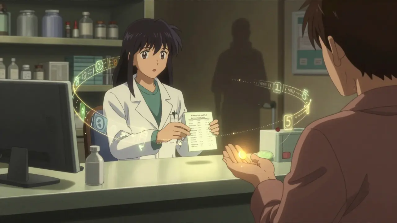 A pharmacist hands a patient a refill booklet as glowing timelines spiral around them, symbolizing medication adherence.
