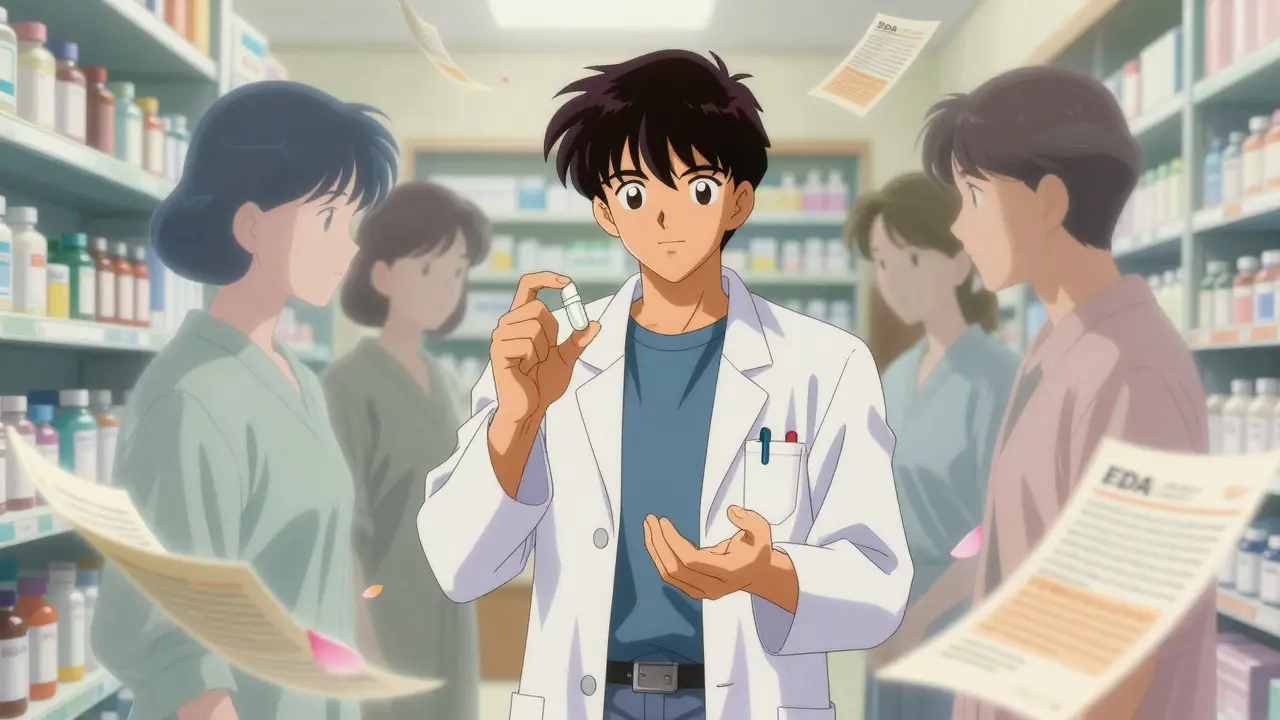 A pharmacist holds two identical pills as ghostly patients whisper nearby, surrounded by dissolving FDA documents in Amano’s dreamlike style.