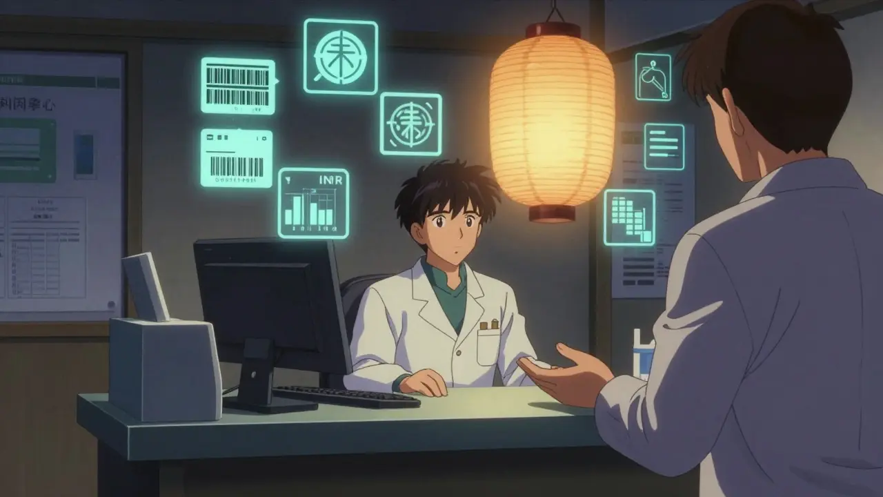 A pharmacist in a quiet zone surrounded by floating digital symbols, with a patient reaching toward the counter.