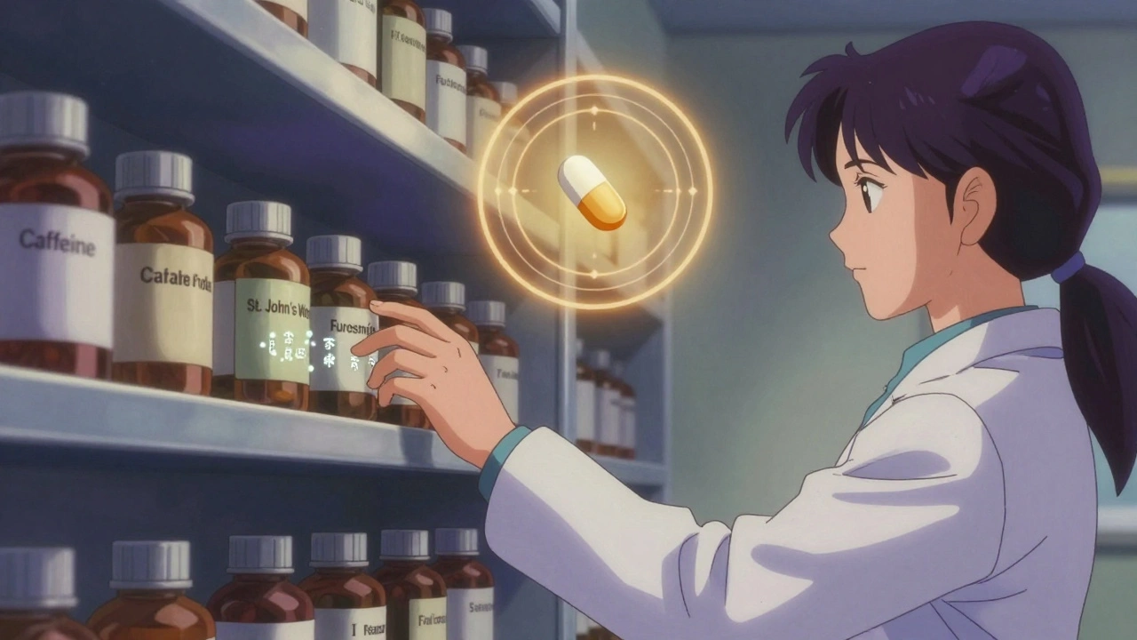 A pharmacist reaching for medications, with theophylline pill centered in a glowing therapeutic range.