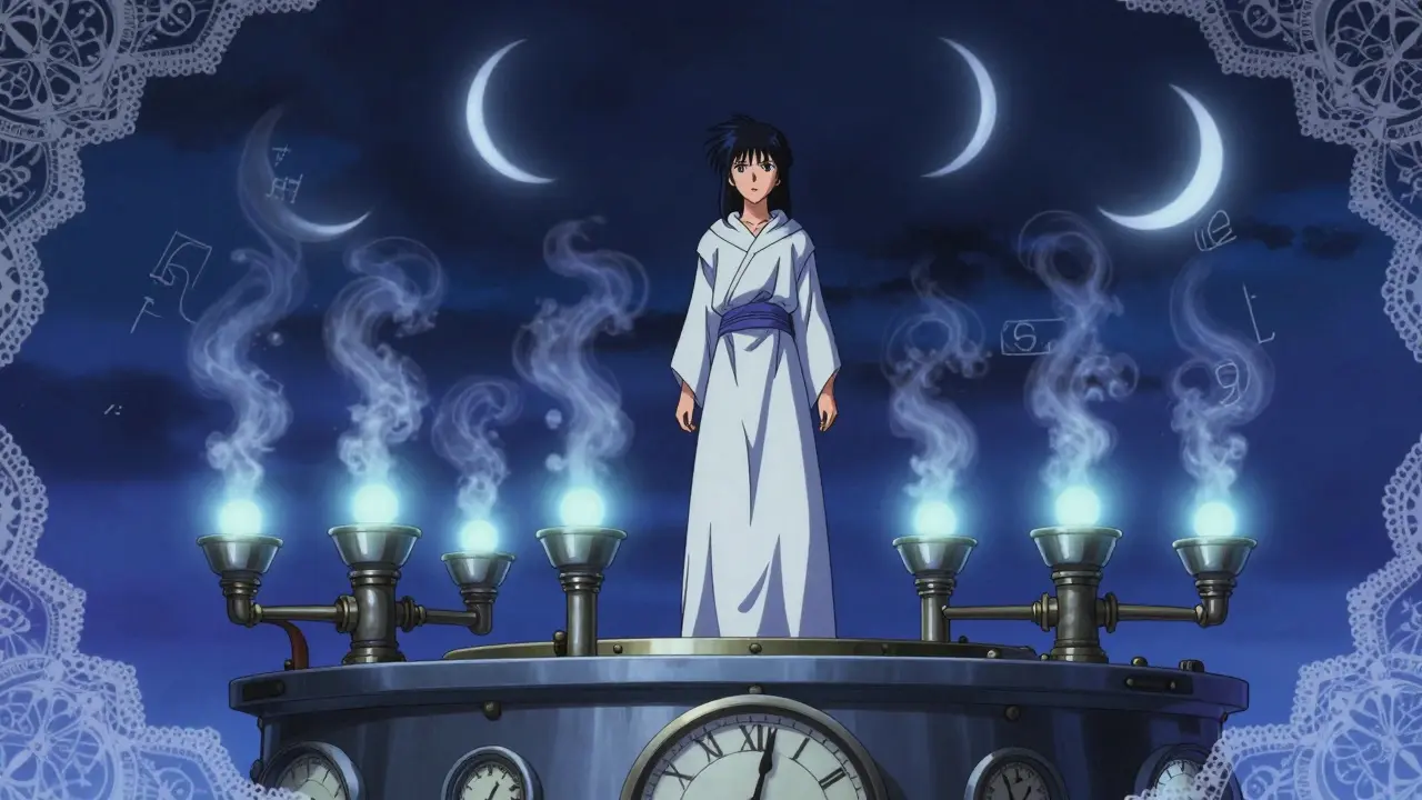 A serene figure closing acid valves on a clockwork stove under a night sky.