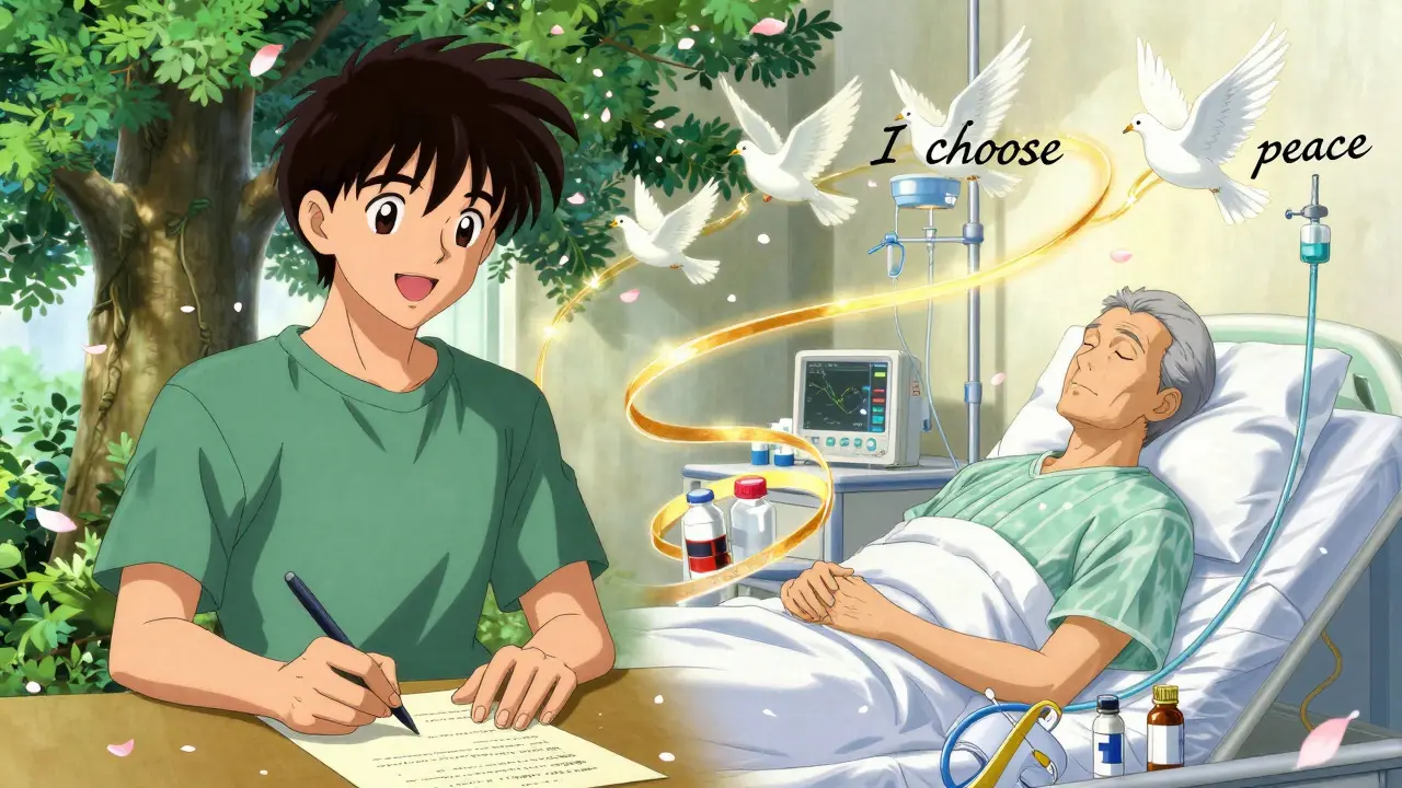 A symbolic dual portrait of a person at peace, connected by golden light as medicine and doves dissolve into the air.