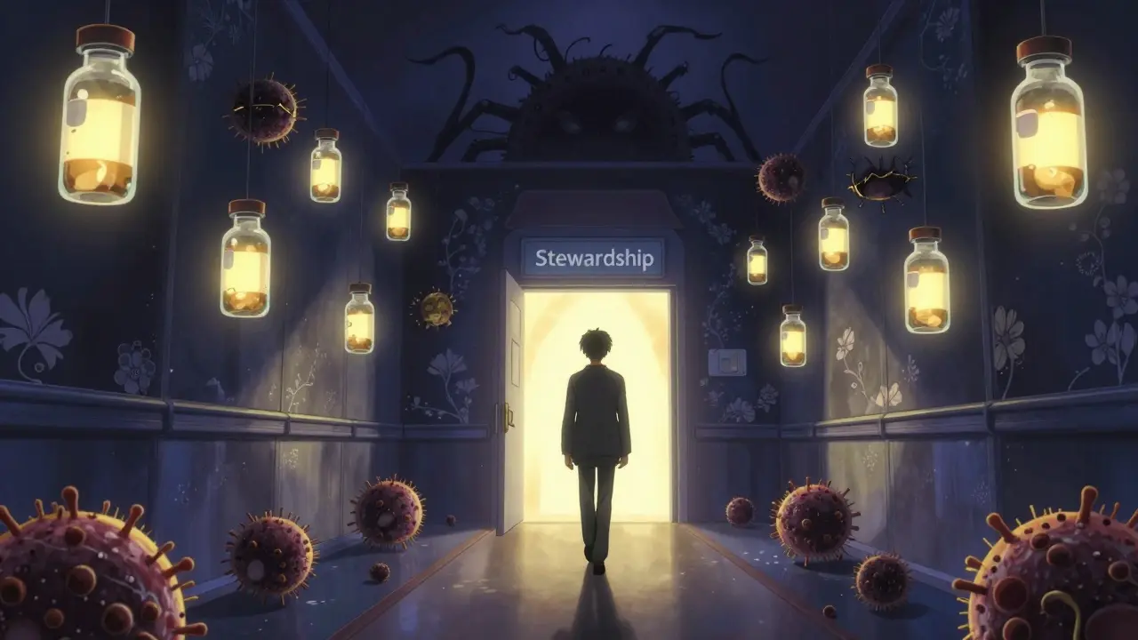 A walker journeys through a glowing hospital corridor, leaving behind shattered superbugs toward a light of stewardship.