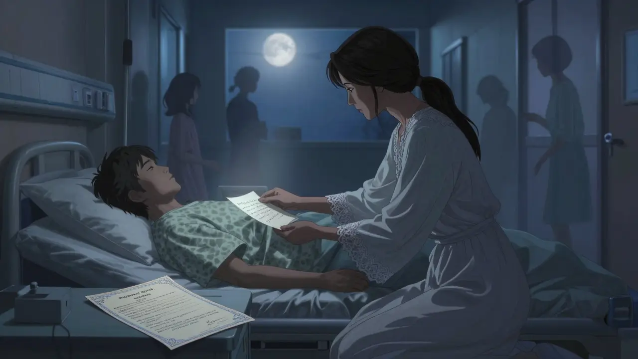 A woman placing a note beside an unconscious patient in a moonlit hospital room, with a legal form illuminated on the bedside table.