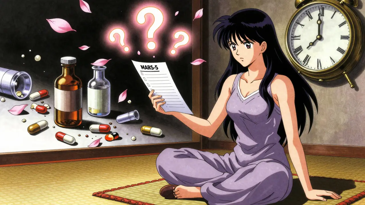 A woman sits with a floating MARS-5 questionnaire, glowing petals rising as forgotten pills fade in the background.