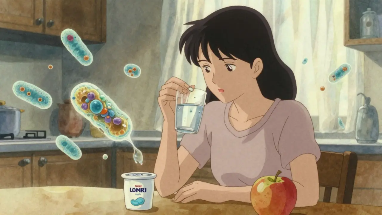 A woman takes an antibiotic with water and probiotic yogurt, surrounded by floating gut bacteria in soft sunlight.