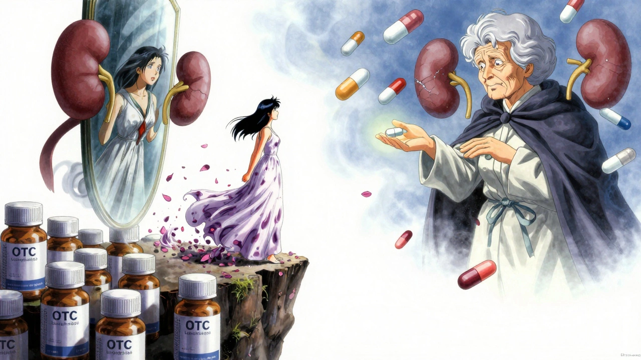 A woman transforming into petals and ink, standing beside a cliff of pill bottles, facing her elderly self.